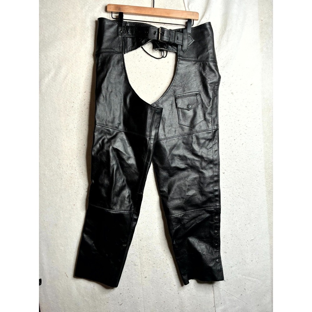HWK Motorsports Leather Rider Chaps Pants Unisex 32 Black Durable Buckle Waist